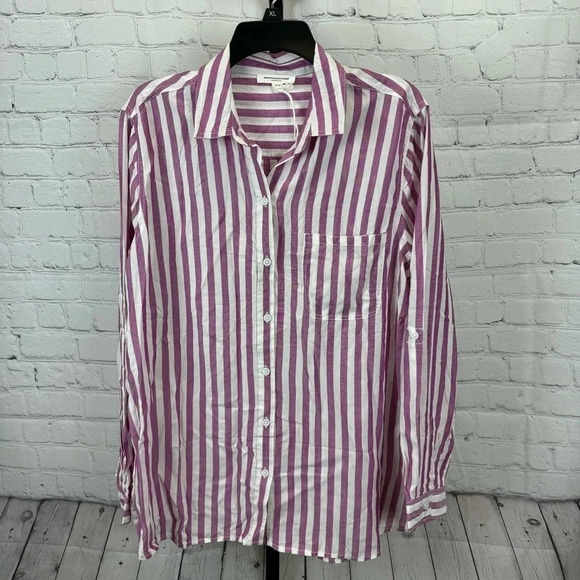 beachlunchlounge Viscose Purple and White Striped Shirt Size Large - Picture 1 of 6